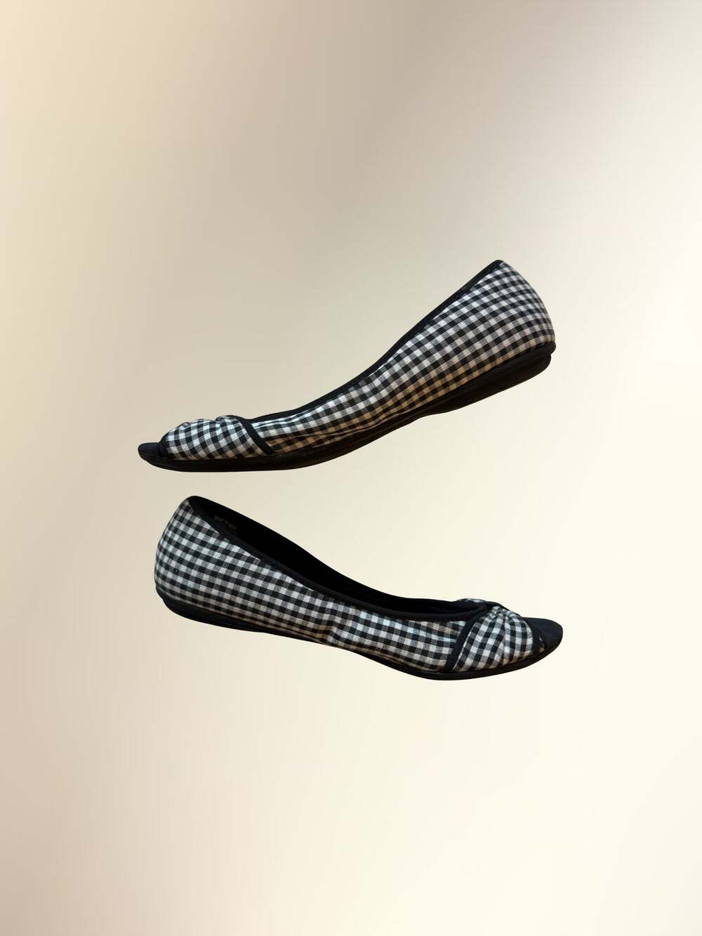 SO Black White Gingham Bow Peep Toe Ballet Flats Women's 10